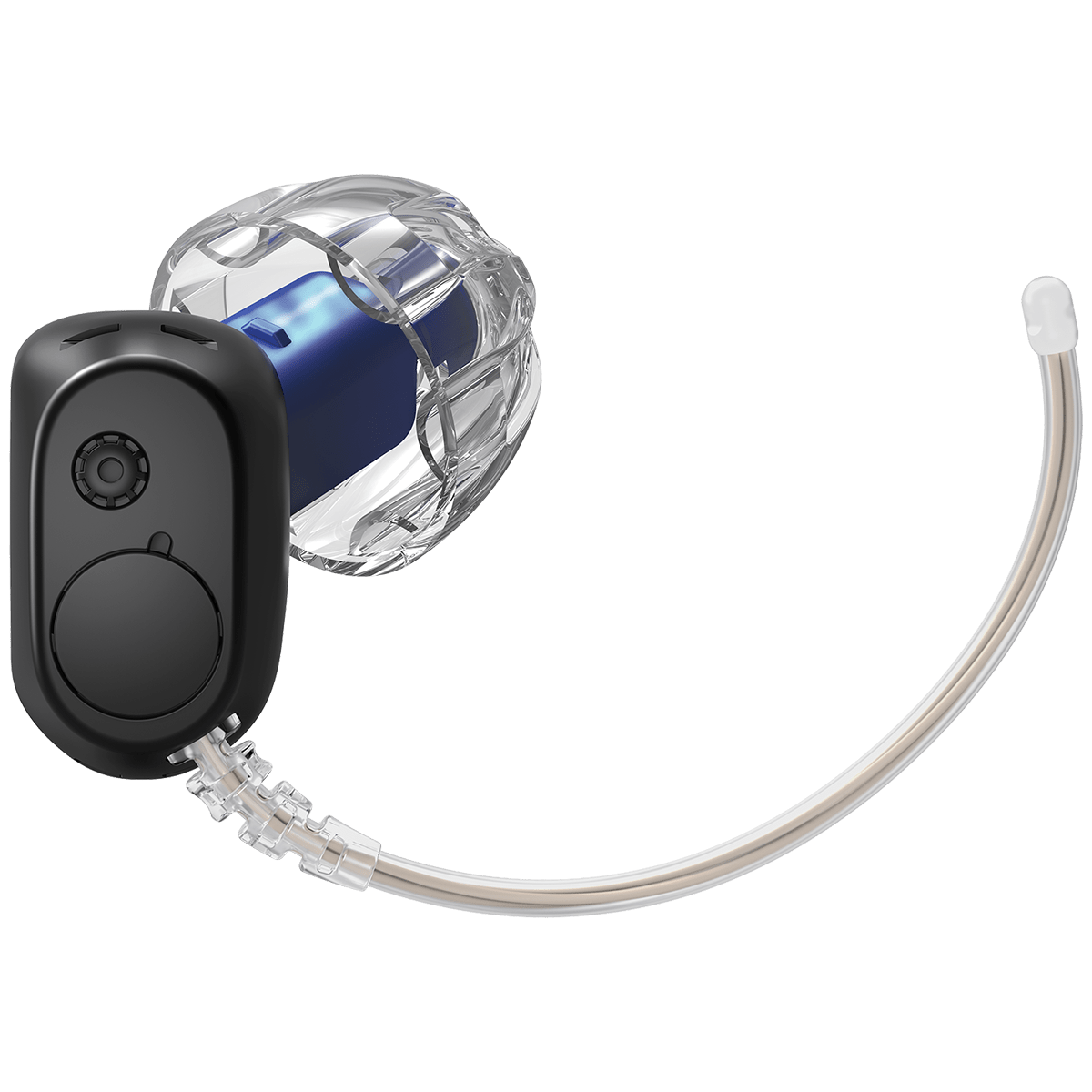 Oticon Zeal – Linkes Hörgerät in Mattschwarz mit OpenBassDome vorne