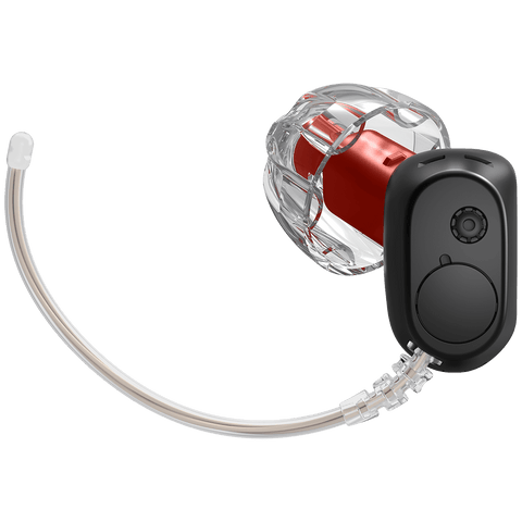 Oticon Zeal – Rechtes Hörgerät in Mattschwarz mit OpenBassDome vorne