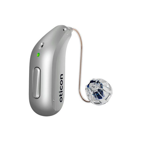 Oticon miniRITE R hearing aid – packshot of a light color, side view
