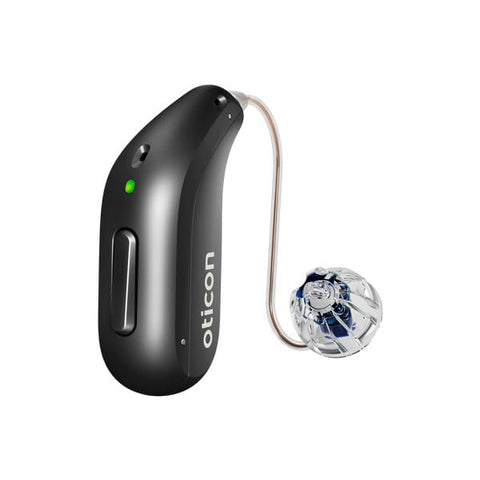 Oticon miniRITE R hearing aid – packshot, angled front view