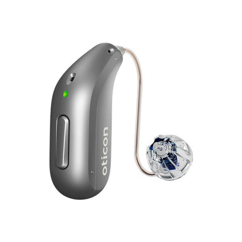 Oticon miniRITE R hearing aid – packshot with visible tube, detail view