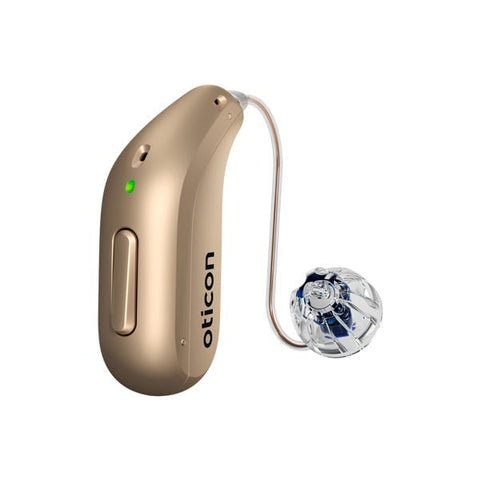 Oticon miniRITE R hearing aid – full view with receiver and tube